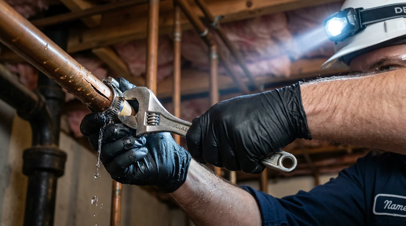 Emergency pipe clamp repair being performed by a Johns Plumbing LLC plumber in Trinity