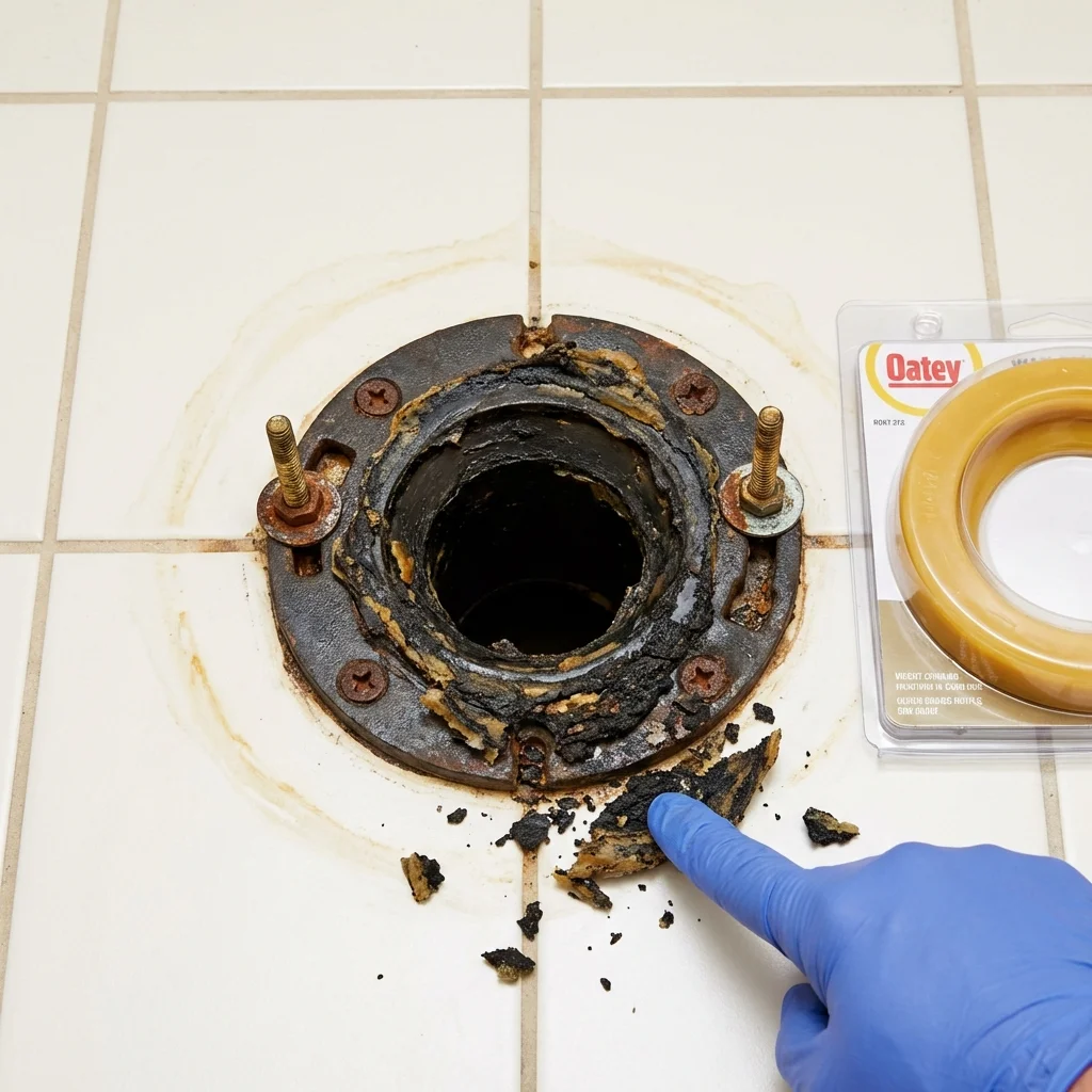 Failed wax ring showing water seepage at the base of a toilet in a Trinity, TX home