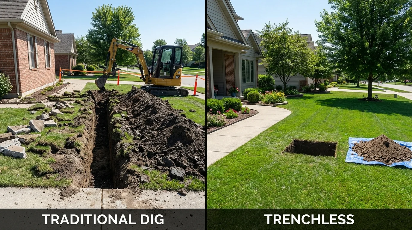 Trenchless sewer repair with minimal yard damage versus traditional excavation in Trinity, TX