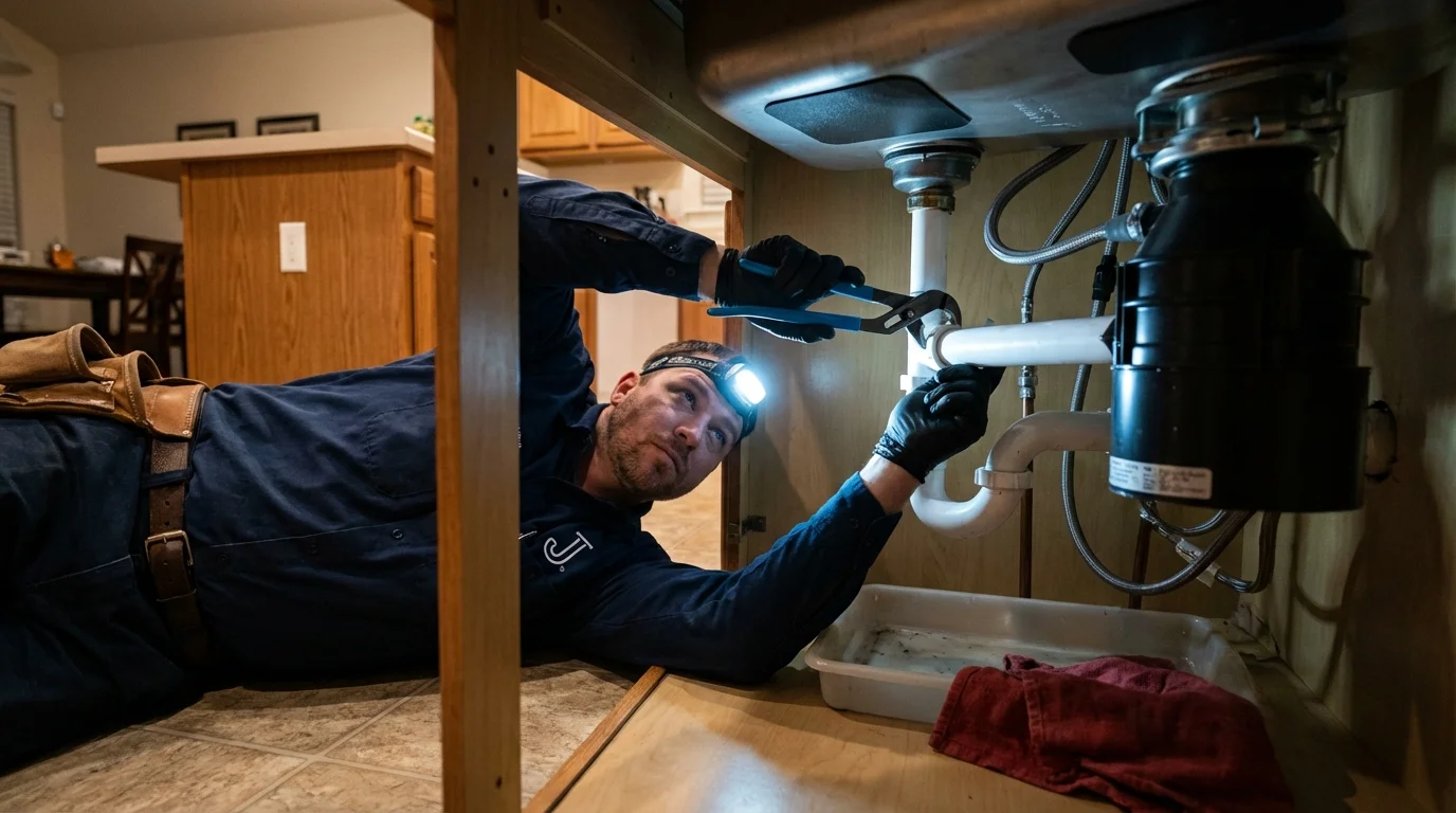 P-trap and supply line connections under a kitchen sink showing a common leak point in Trinity, TX
